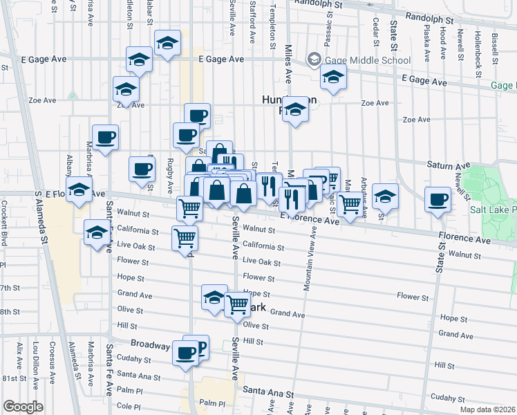 map of restaurants, bars, coffee shops, grocery stores, and more near 2 Stafford Avenue in Huntington Park