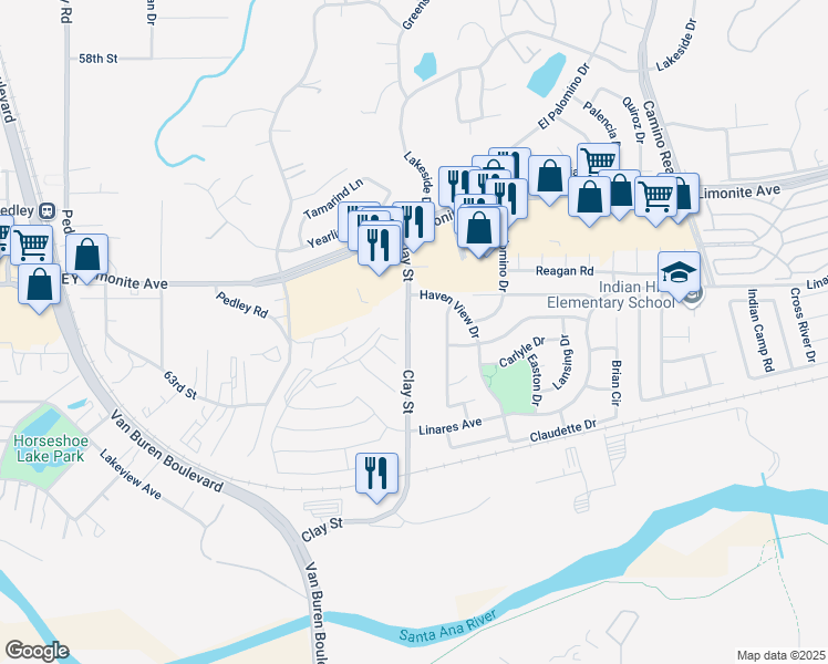 map of restaurants, bars, coffee shops, grocery stores, and more near 6280 Clay Street in Riverside