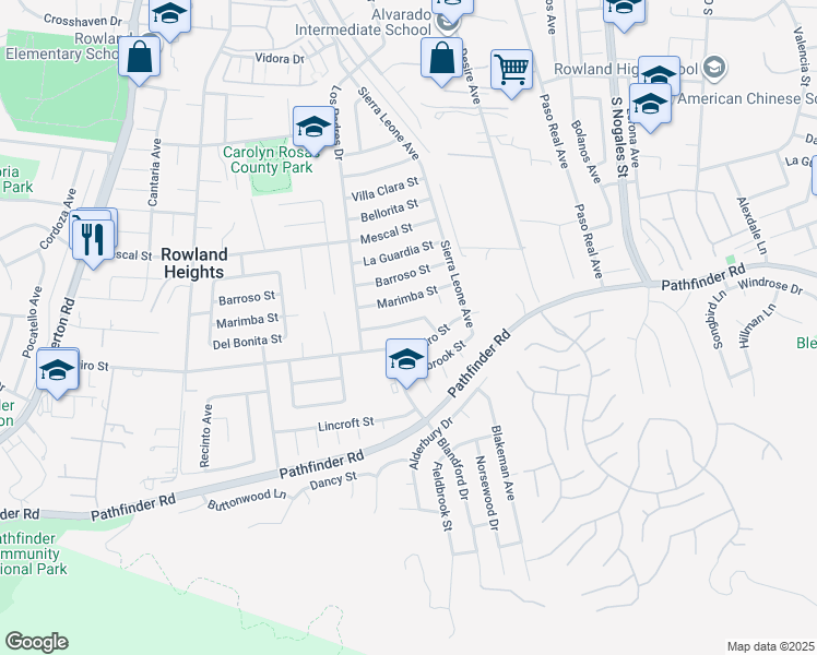 map of restaurants, bars, coffee shops, grocery stores, and more near 18654 Del Bonita Street in Rowland Heights