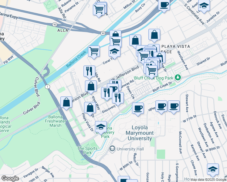 map of restaurants, bars, coffee shops, grocery stores, and more near 12963 West Runway Road in Los Angeles