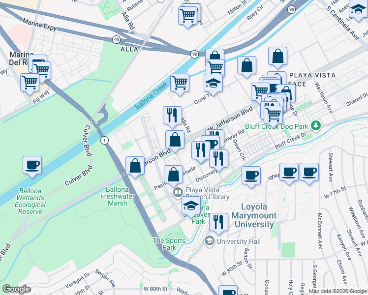 map of restaurants, bars, coffee shops, grocery stores, and more near 13031 Villosa Place in Los Angeles