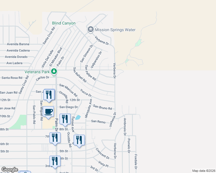 map of restaurants, bars, coffee shops, grocery stores, and more near 10351 Verbena Drive in Desert Hot Springs
