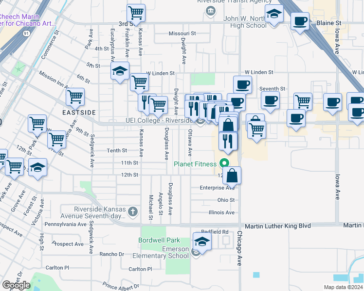 map of restaurants, bars, coffee shops, grocery stores, and more near 4011 Dwight Avenue in Riverside