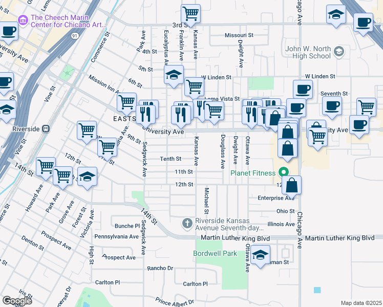 map of restaurants, bars, coffee shops, grocery stores, and more near 4005 Kansas Avenue in Riverside