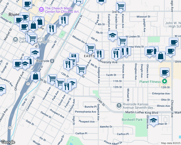 map of restaurants, bars, coffee shops, grocery stores, and more near 2558 Tenth Street in Riverside