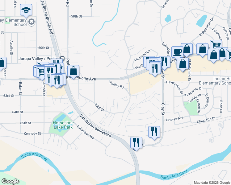 map of restaurants, bars, coffee shops, grocery stores, and more near 6293 Pedley Road in Riverside