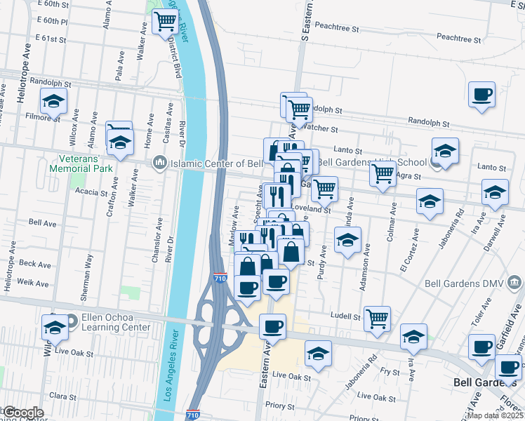 map of restaurants, bars, coffee shops, grocery stores, and more near 6533 Specht Avenue in Bell Gardens