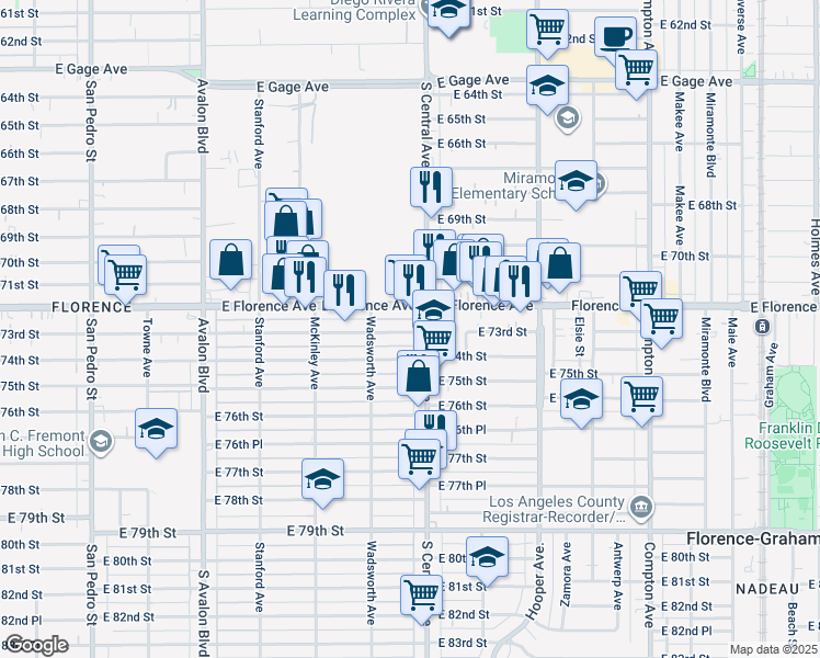 map of restaurants, bars, coffee shops, grocery stores, and more near 1018 East 73rd Street in Los Angeles