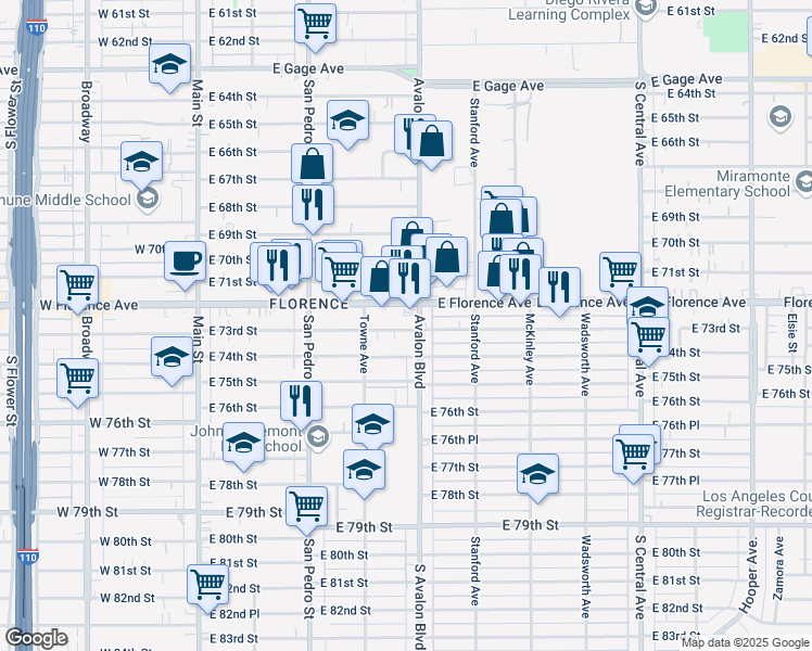 map of restaurants, bars, coffee shops, grocery stores, and more near 510 East 73rd Street in Los Angeles