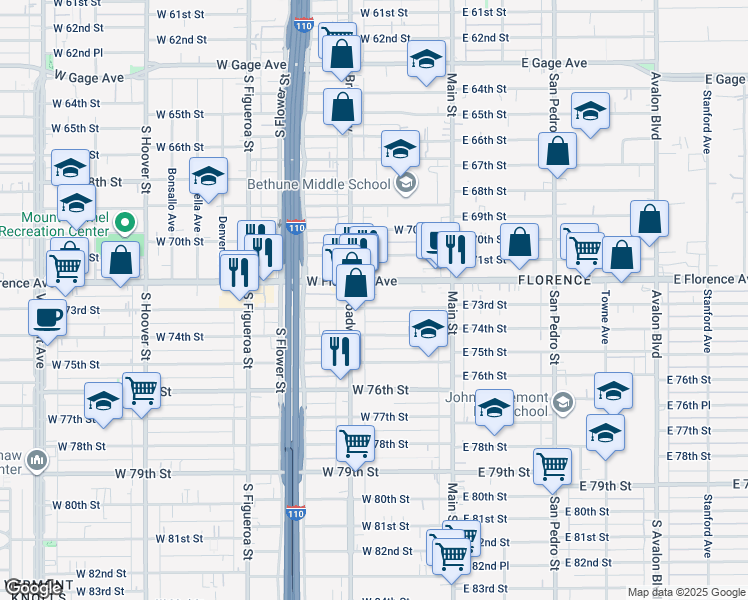 map of restaurants, bars, coffee shops, grocery stores, and more near 7300 South Broadway in Los Angeles