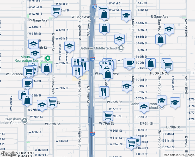 map of restaurants, bars, coffee shops, grocery stores, and more near 334 West 73rd Street in Los Angeles