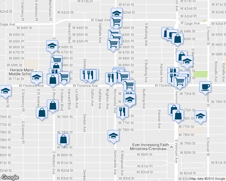 map of restaurants, bars, coffee shops, grocery stores, and more near 7303 Normandie Avenue in Los Angeles