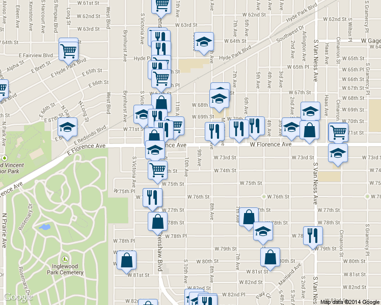 map of restaurants, bars, coffee shops, grocery stores, and more near 3210 West 73rd Street in Los Angeles