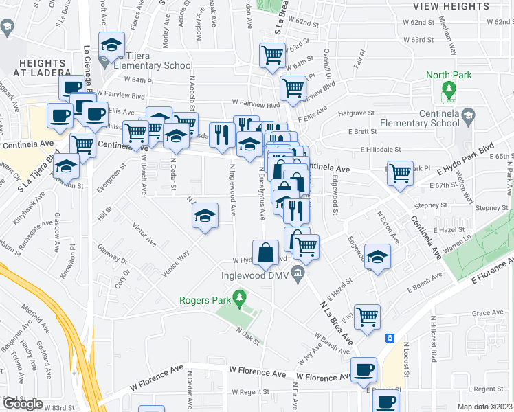 map of restaurants, bars, coffee shops, grocery stores, and more near 811 North Eucalyptus Avenue in Inglewood