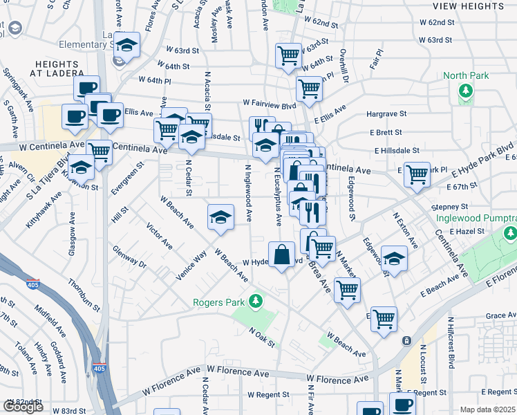 map of restaurants, bars, coffee shops, grocery stores, and more near 811 North Eucalyptus Avenue in Inglewood