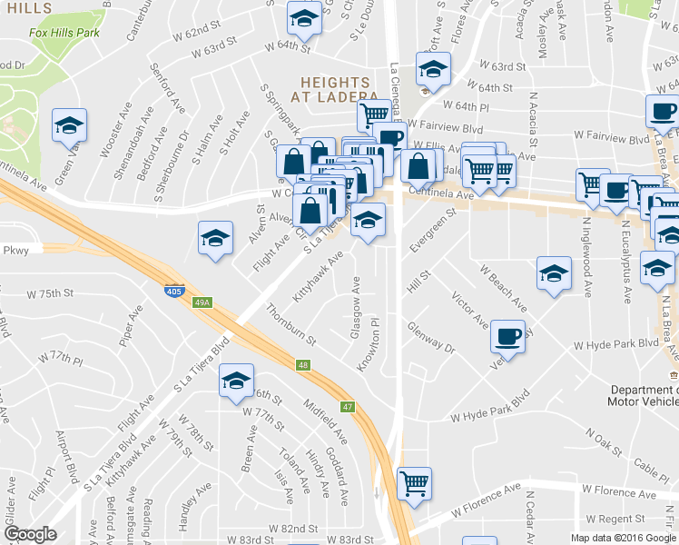 map of restaurants, bars, coffee shops, grocery stores, and more near 7015 1/2 Glasgow Avenue in Los Angeles