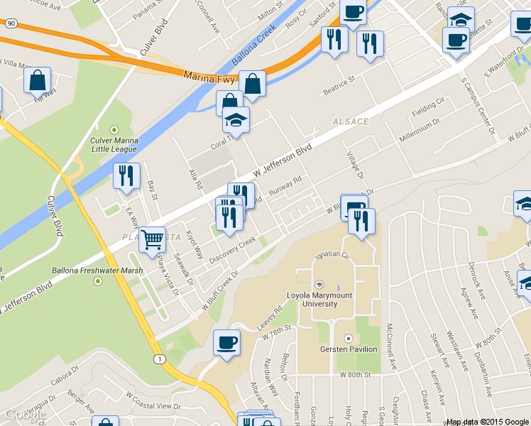 map of restaurants, bars, coffee shops, grocery stores, and more near 6021 South Dawn Creek in Los Angeles