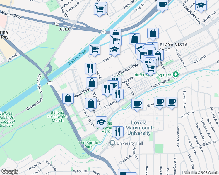 map of restaurants, bars, coffee shops, grocery stores, and more near 13031 Villosa Place in Los Angeles