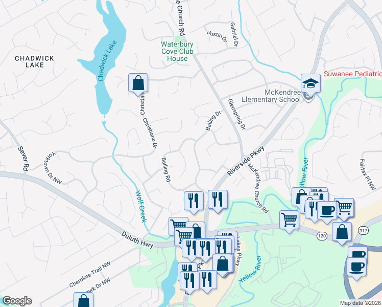 map of restaurants, bars, coffee shops, grocery stores, and more near 1241 Bailing Drive in Lawrenceville