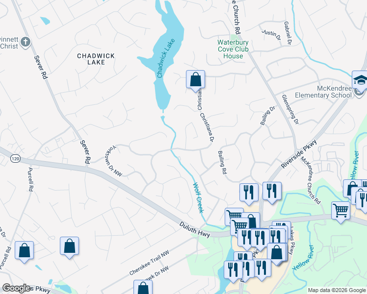map of restaurants, bars, coffee shops, grocery stores, and more near 1489 Christiana Drive in Lawrenceville