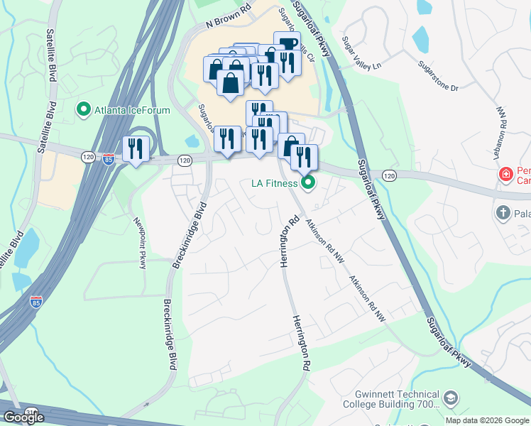 map of restaurants, bars, coffee shops, grocery stores, and more near 1885 Stoneoak Circle in Lawrenceville