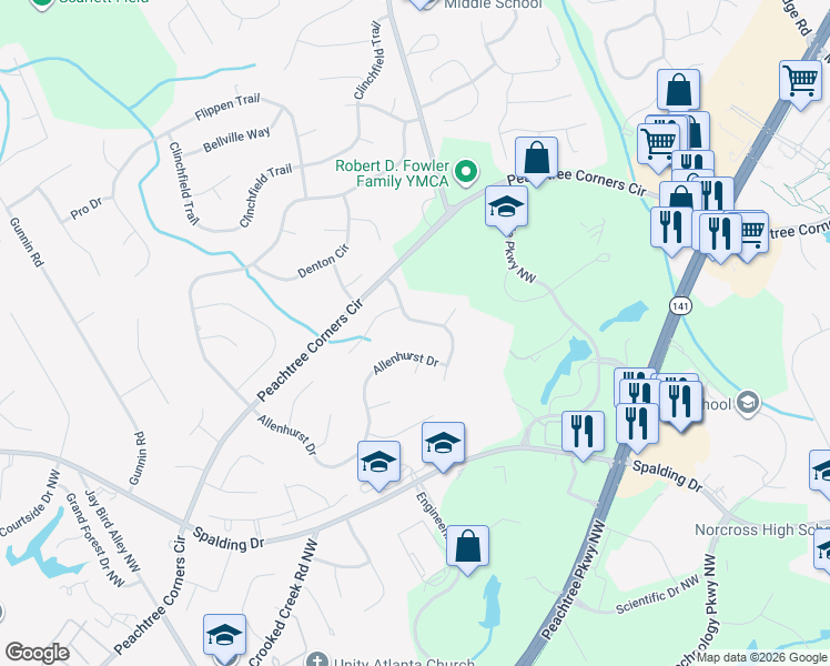 map of restaurants, bars, coffee shops, grocery stores, and more near 3844 High Shoals Drive in Norcross