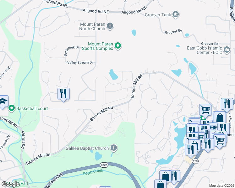 map of restaurants, bars, coffee shops, grocery stores, and more near 1670 Grist Mill Drive in Marietta