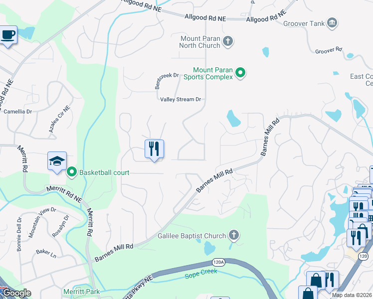 map of restaurants, bars, coffee shops, grocery stores, and more near 938 Rockcrest Court in Marietta