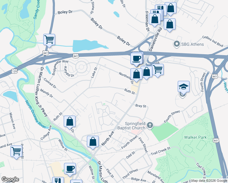map of restaurants, bars, coffee shops, grocery stores, and more near 165 Wynter Court in Athens