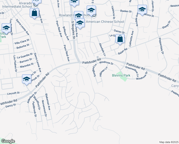 map of restaurants, bars, coffee shops, grocery stores, and more near 2351 Songbird Lane in Rowland Heights