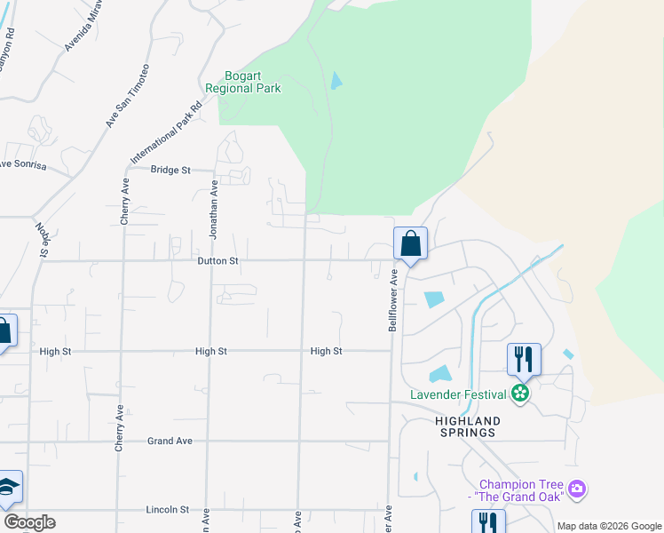 map of restaurants, bars, coffee shops, grocery stores, and more near 40587 Dutton Street in Cherry Valley
