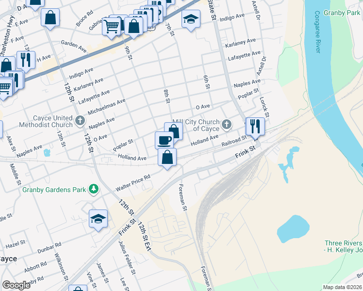 map of restaurants, bars, coffee shops, grocery stores, and more near 820 Holland Avenue in Cayce