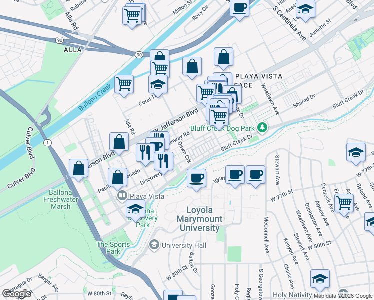 map of restaurants, bars, coffee shops, grocery stores, and more near 12887 North Seaglass Circle in Los Angeles