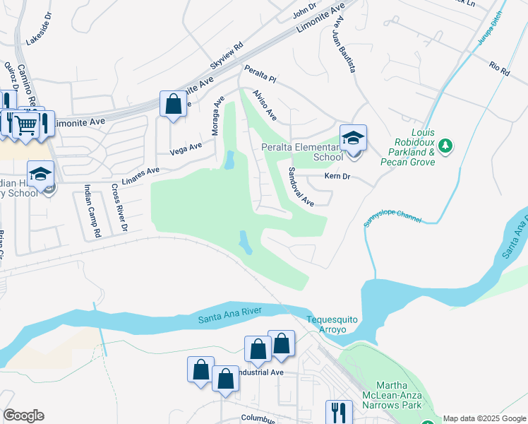 map of restaurants, bars, coffee shops, grocery stores, and more near 6302 Avenue Juan Diaz in Riverside