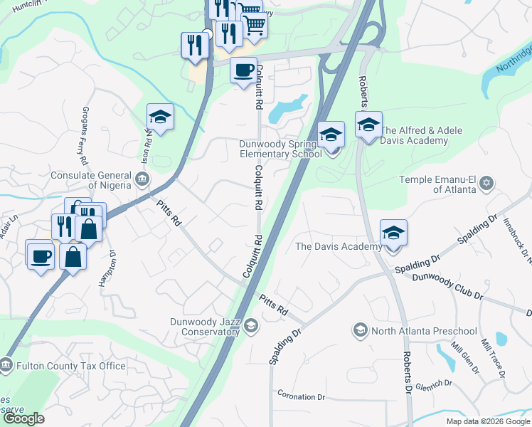 map of restaurants, bars, coffee shops, grocery stores, and more near 8005 Linfield Way in Sandy Springs