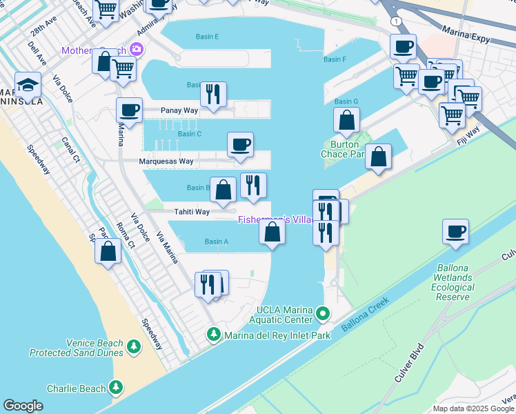 map of restaurants, bars, coffee shops, grocery stores, and more near 13900 Tahiti Way in Marina del Rey