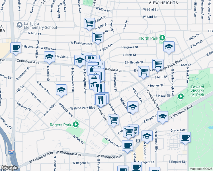 map of restaurants, bars, coffee shops, grocery stores, and more near 826 North Market Street in Inglewood