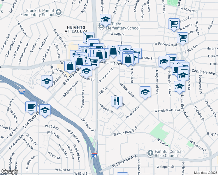 map of restaurants, bars, coffee shops, grocery stores, and more near 548 Hill Street in Inglewood