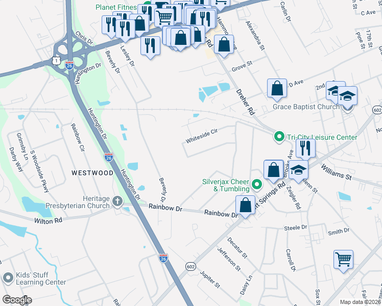 map of restaurants, bars, coffee shops, grocery stores, and more near 153 Whiteside Circle in West Columbia