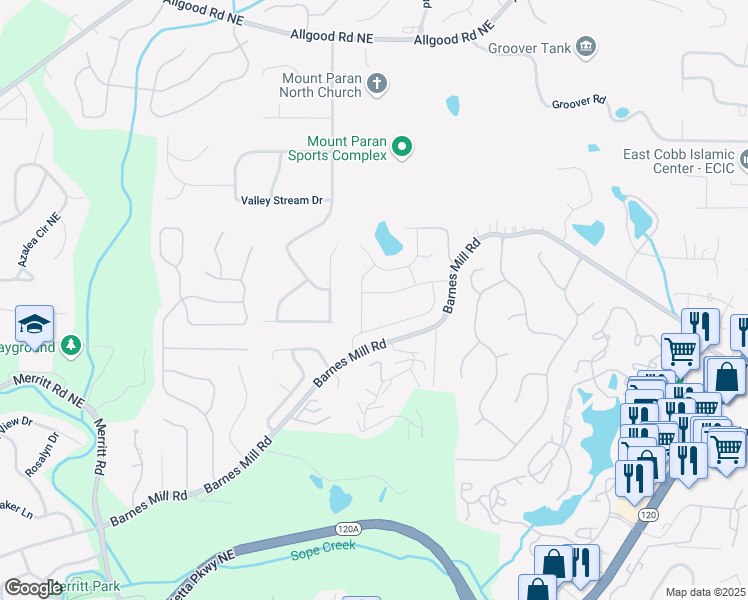 map of restaurants, bars, coffee shops, grocery stores, and more near 1058 Grist Mill Drive in Marietta