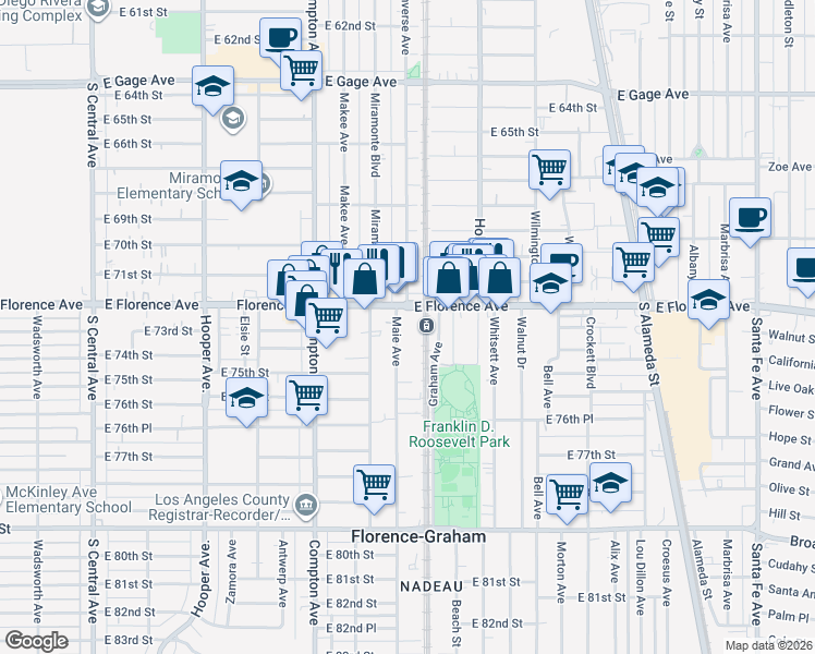 map of restaurants, bars, coffee shops, grocery stores, and more near 7322 Maie Avenue in Los Angeles