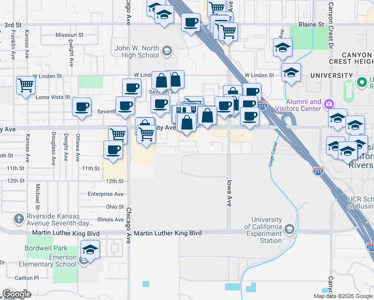 map of restaurants, bars, coffee shops, grocery stores, and more near 1464 Everton Place in Riverside