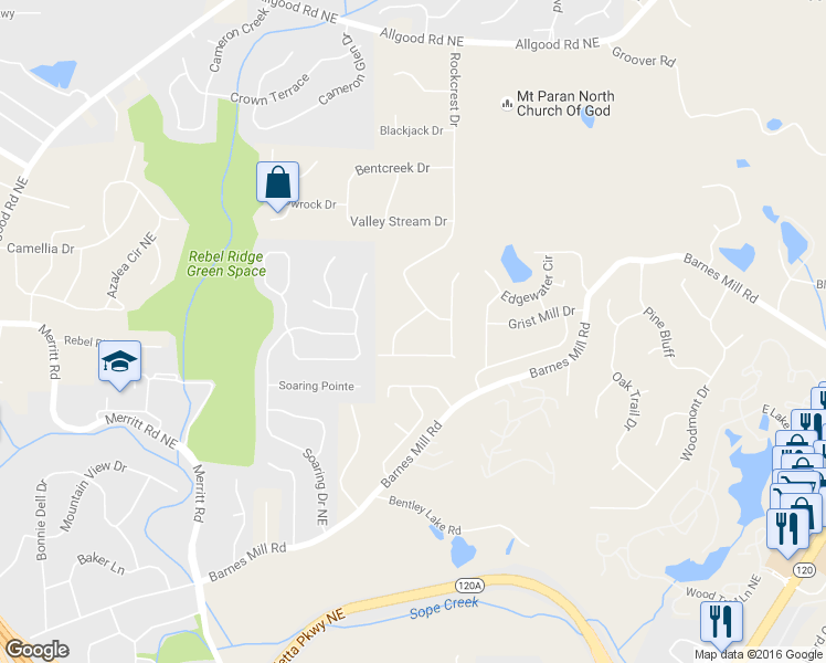 map of restaurants, bars, coffee shops, grocery stores, and more near 938 Rockcrest Court in Marietta