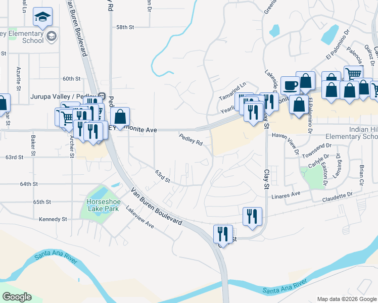 map of restaurants, bars, coffee shops, grocery stores, and more near 6293 Pedley Road in Riverside