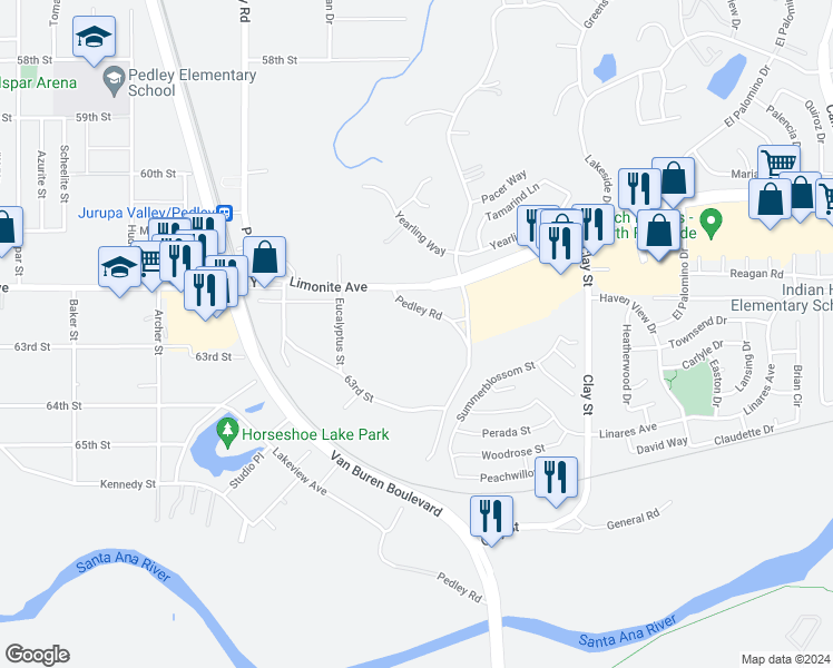map of restaurants, bars, coffee shops, grocery stores, and more near 6331 Pedley Road in Riverside