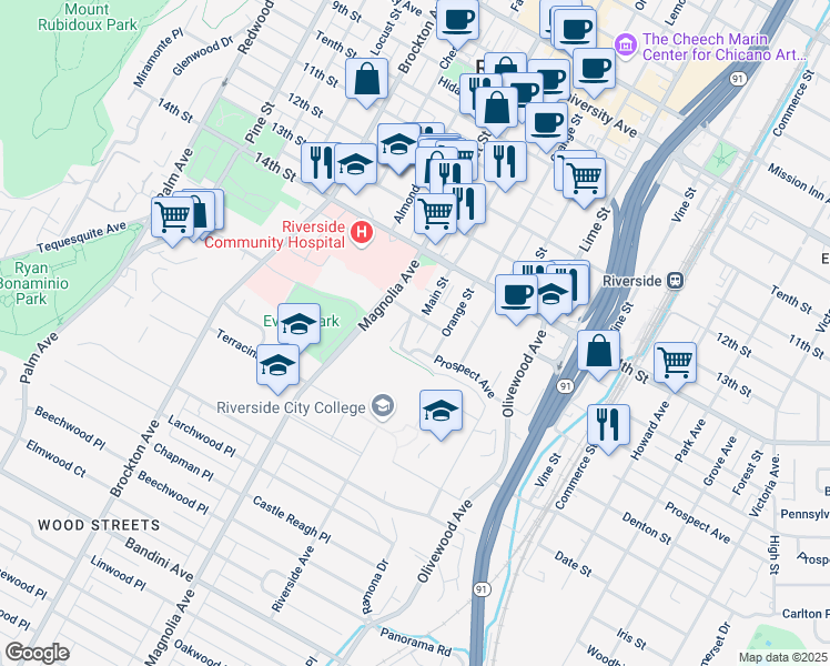 map of restaurants, bars, coffee shops, grocery stores, and more near 3633 Prospect Avenue in Riverside