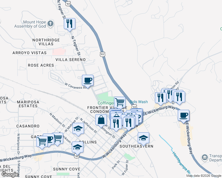 map of restaurants, bars, coffee shops, grocery stores, and more near 680 Chestnut Street in Wickenburg