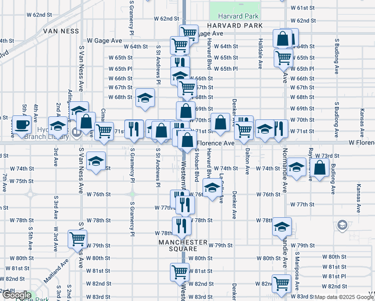 map of restaurants, bars, coffee shops, grocery stores, and more near 7307 South Hobart Boulevard in Los Angeles