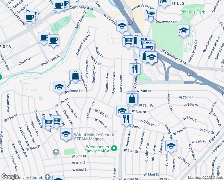 map of restaurants, bars, coffee shops, grocery stores, and more near 7419 Alverstone Avenue in Los Angeles