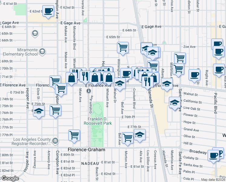 map of restaurants, bars, coffee shops, grocery stores, and more near 7316 Whitsett Avenue in Los Angeles